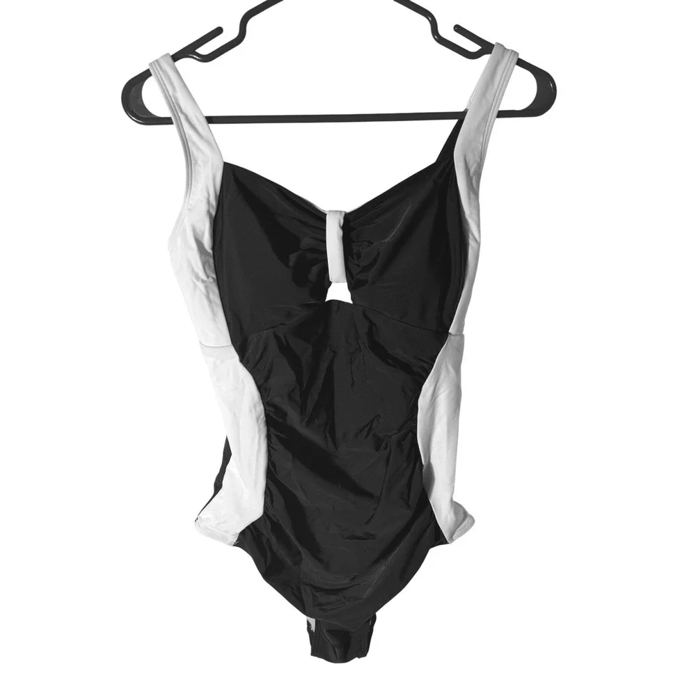 NWT Popvil Women One Piece Tummy Control Black White Ruched‎ Waist Swimsuit XL